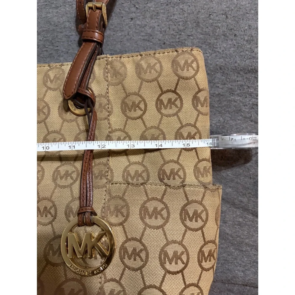 Michael Kors Signature Monogram Tote Bag Brown Jacquard Leather Trim Gold HW